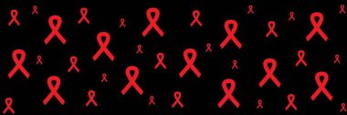 Kırmızı kurdele AIDS farkındalığı. Aralık ayı farkındalık kampanyaları için modern tarz logo illüstrasyonu. Dünya AIDS Yetimleri Günü. Dünya AIDS Günü Uzun Sancak