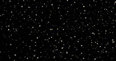 Noel kartı için altın parıltılı siyah arkaplan, animasyon afişi. Soyut uzay ve yıldızlar. Yaklaşın, küçük altın parçacıklarının hareketi. Noel arkaplanı