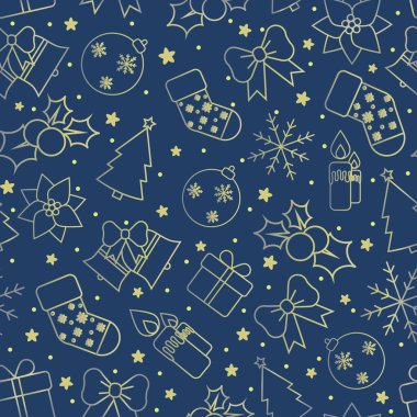 Noel arkaplanı mavi, altın süslemeleri, vektör illüstrasyonu, çizgi simgeleri, pürüzsüz desenler 