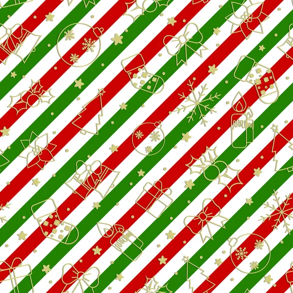 Рождественское Украшение Золотом Зеленом Красном Полосатом Фоне Бесшовный Узор Лицензионные Стоковые Векторы