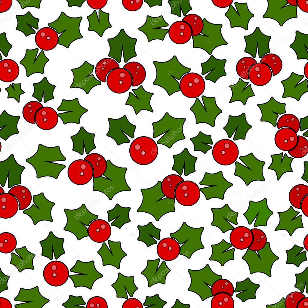 Christmas red cherries and leaves, cartoon illustration, over white background vector illustration, seamless pattern