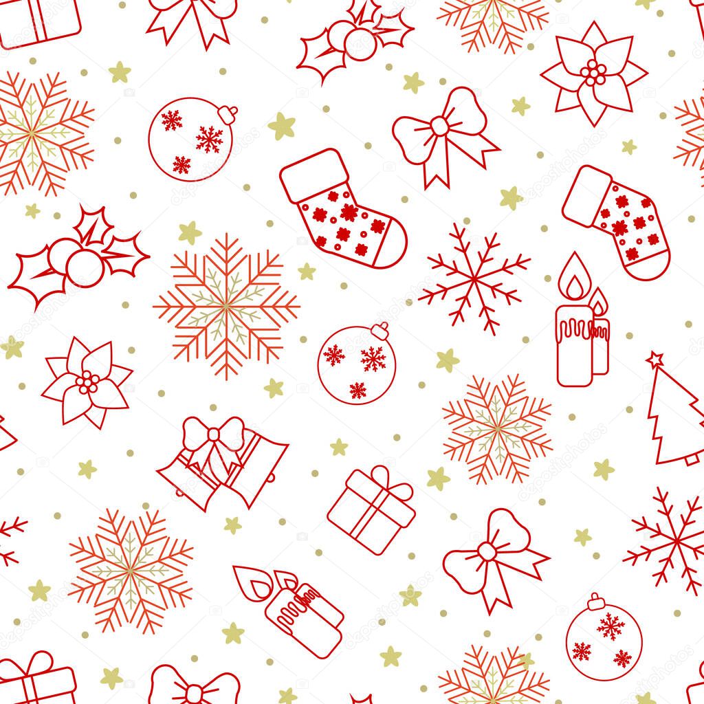 Christmas red and gold decorations, vector illustration, over white background line icons, seamless pattern