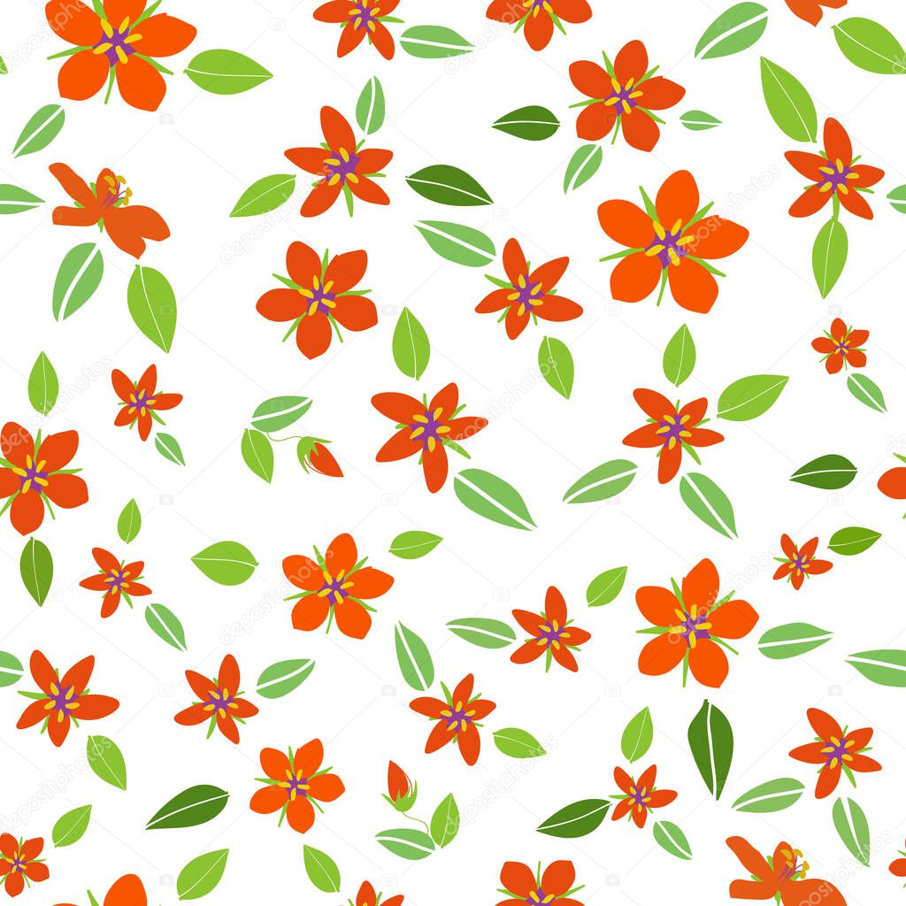 Orange pimpernel flowers and leaves, flat design, vector illustration, with black polka dots background, seamless pattern