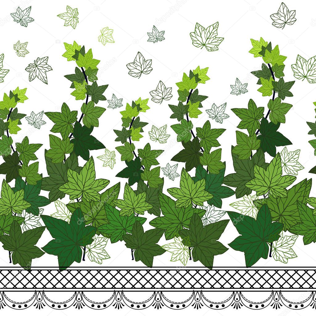 Ivy leaves green climbing wall foliage, vector illustration, border, decorated seamless horizontal