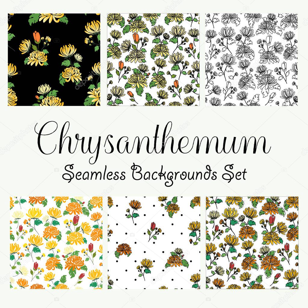 Floral pattern set chrysanthemum bouquets, orange and yellow, handmade vector illustration collection.