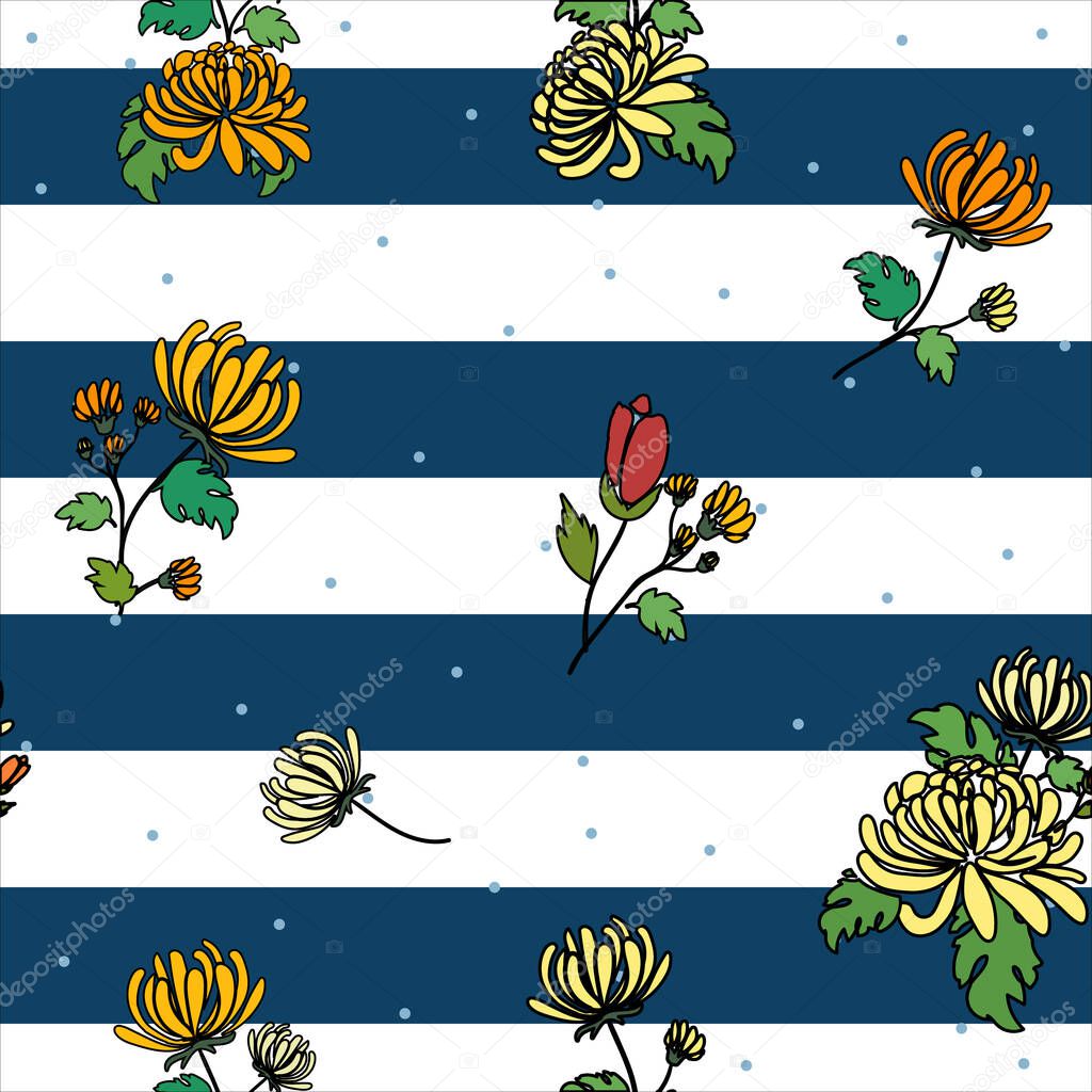 Chrysanthemum bouquets, cartoon black outline illustration, orange and yellow flowers, over blue stripes background seamless pattern