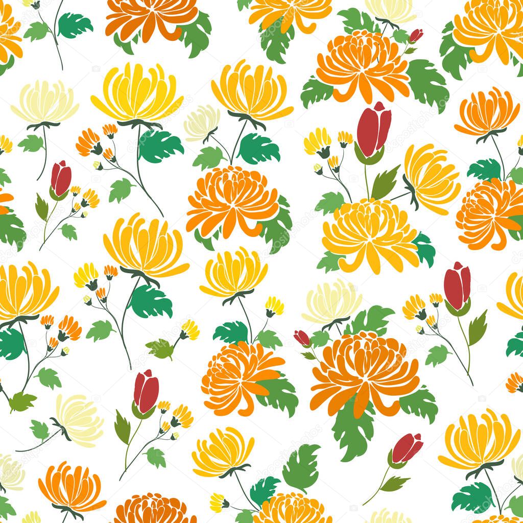 Orange chrysanthemums, flowers background, vector illustration
