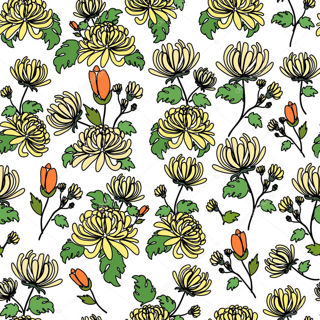 Yellow and white chrysanthemum bouquets, cartoon black outline, illustration seamless pattern