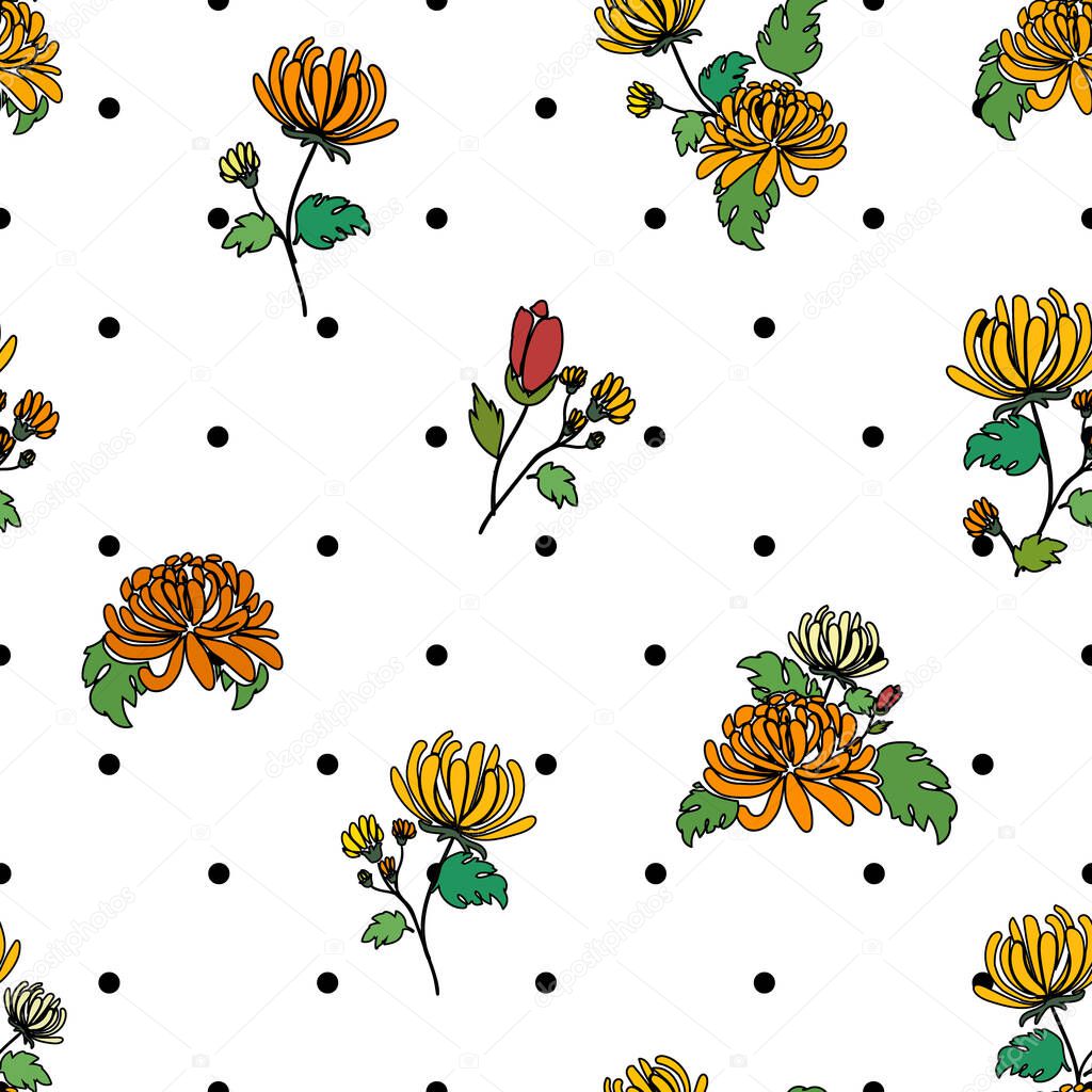 chrysanthemum bouquets, orange and yellow, and red roses, cartoon black outline illustration over black polka dots background seamless pattern