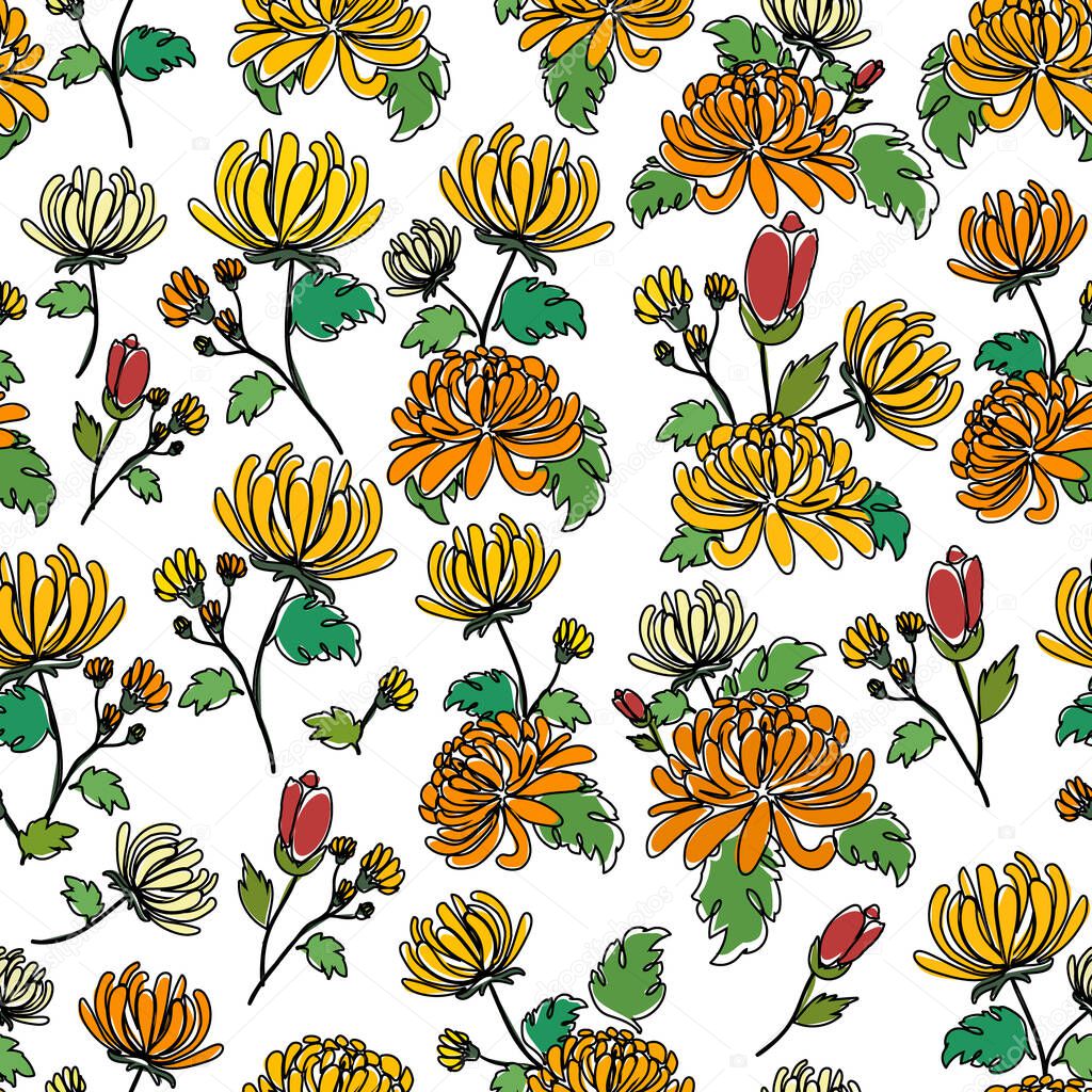 Orange chrysanthemums, flowers background, vector illustration