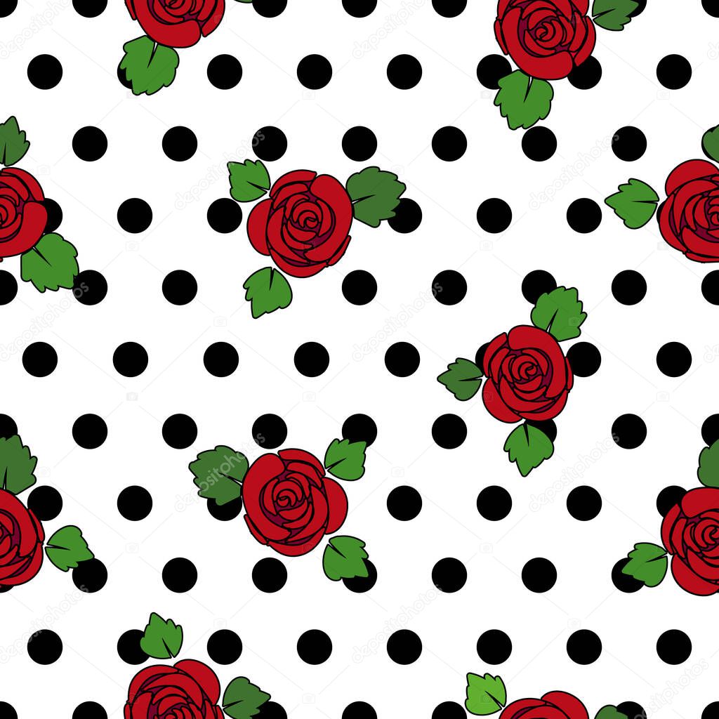 Red roses and leaves, cartoon vector illustration, over large black polka dots background, seamless pattern. 