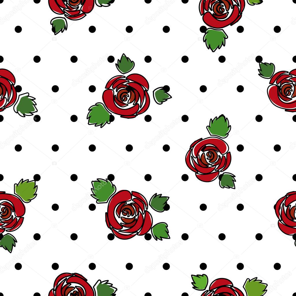 Red roses cartoon outlined and leafs unfit colored, over black polka dots and white background.