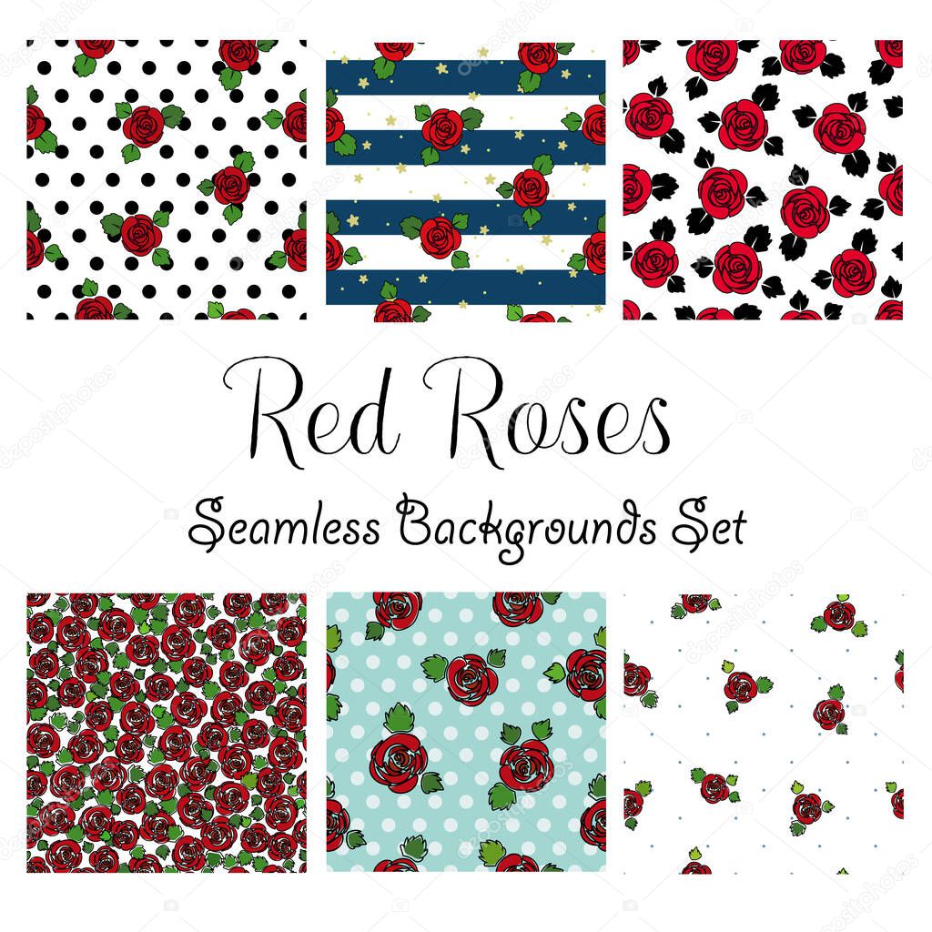 Red roses bouquets pattern set, red roses collection, and vector, blue background, stripes background, illustration with tiny blue dots white background.