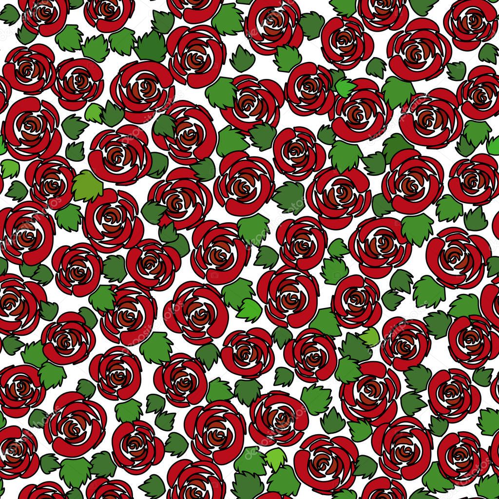 red roses cartoon outline unfit colored vector illustration, floral seamless pattern