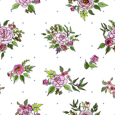 Pembe gül buketleri siyah çizgiler ve küçük mavi noktalı, beyaz arkaplanlı uygunsuz renkli karikatür çizimleri..