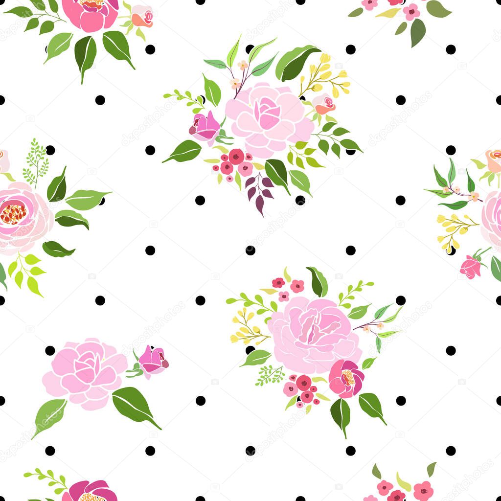 Pink roses bouquets flat vector illustration, with black polka dots background.