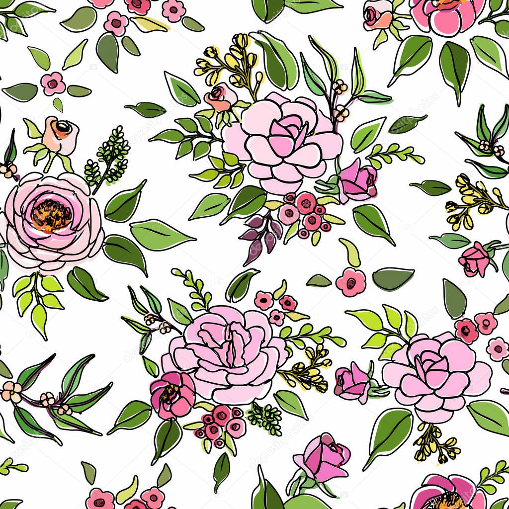 Pink roses bouquets black outline and unfit colored simplified, handmade illustration white background.