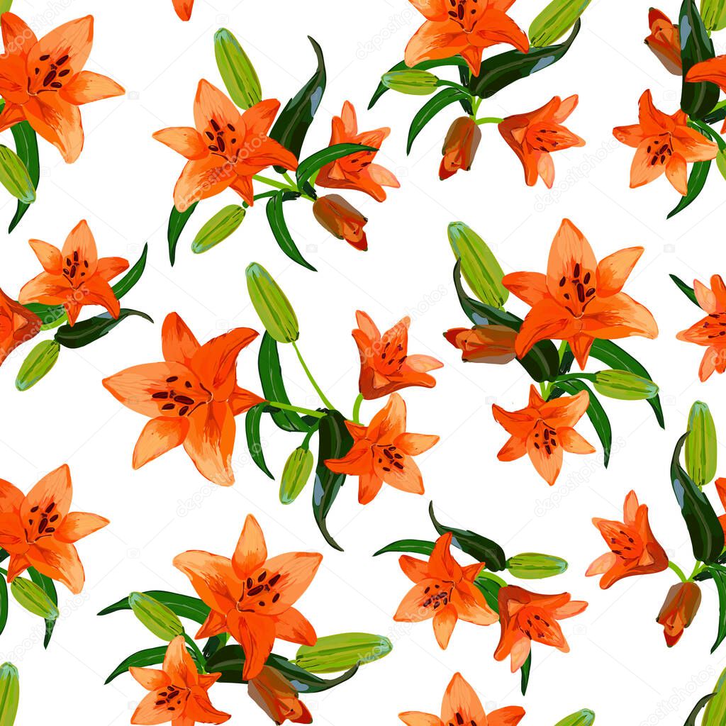 Orange lilies bouquets seamless vector illustration