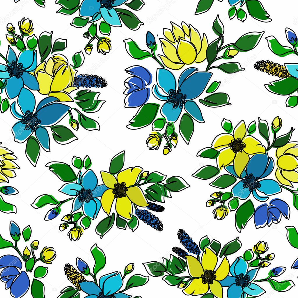 Flowers cartoon seamless pattern, vector illustration