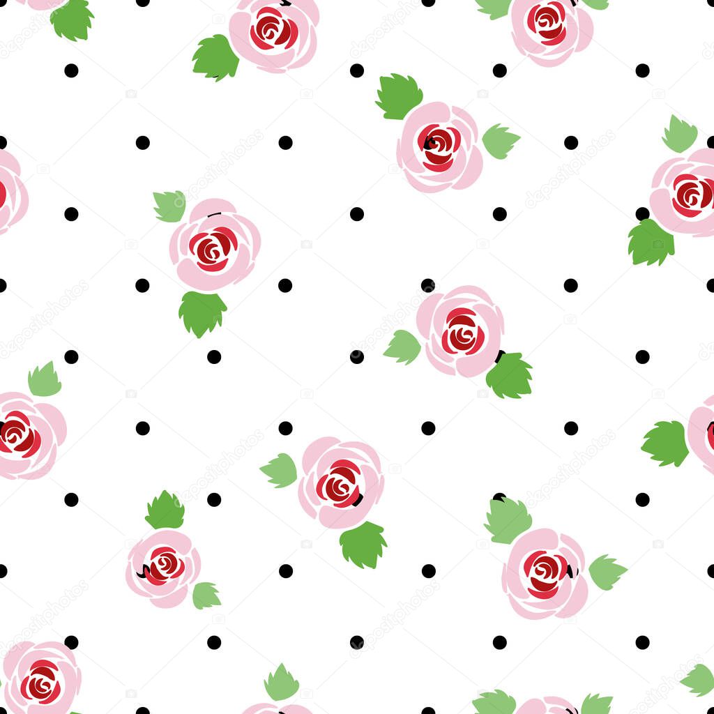 pink roses and leaves vector illustration, outlined with black polka dot and white background, seamless pattern.
