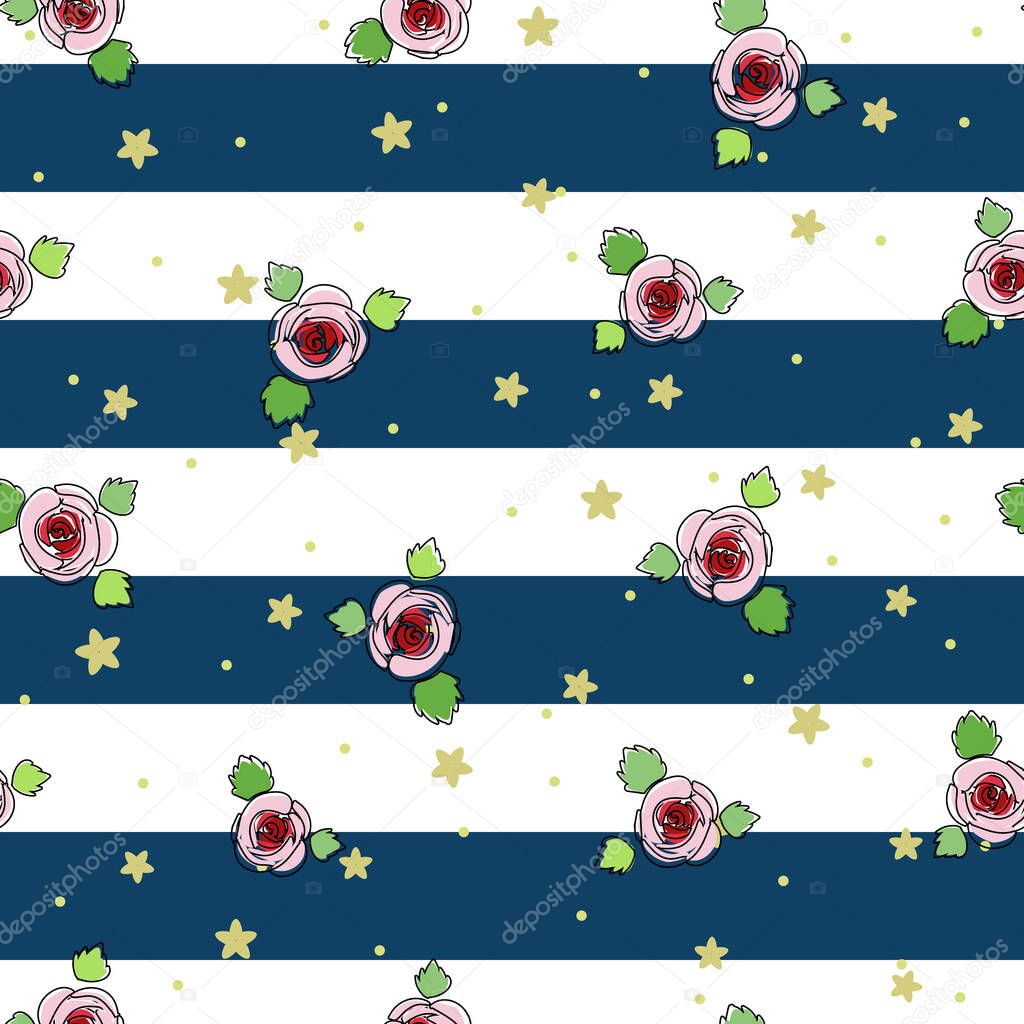 Pink roses, with green leaves, black outline, with golden stars and dots, blue and white stripes seamless pattern.