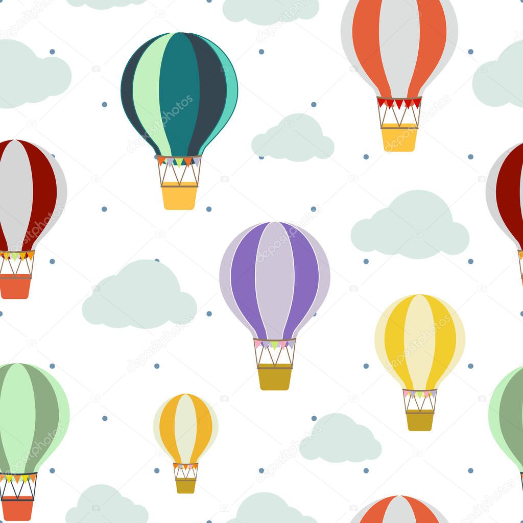 Colorful hot air balloon flat illustration with sky blue clouds and tiny dots background.