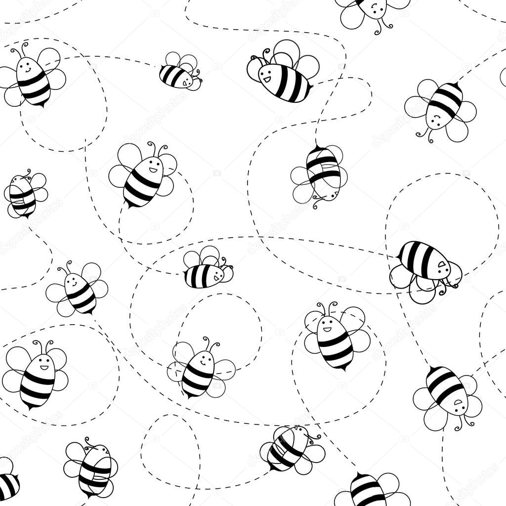 Flying bees. Cute cartoon black outline vector illustration seamless pattern