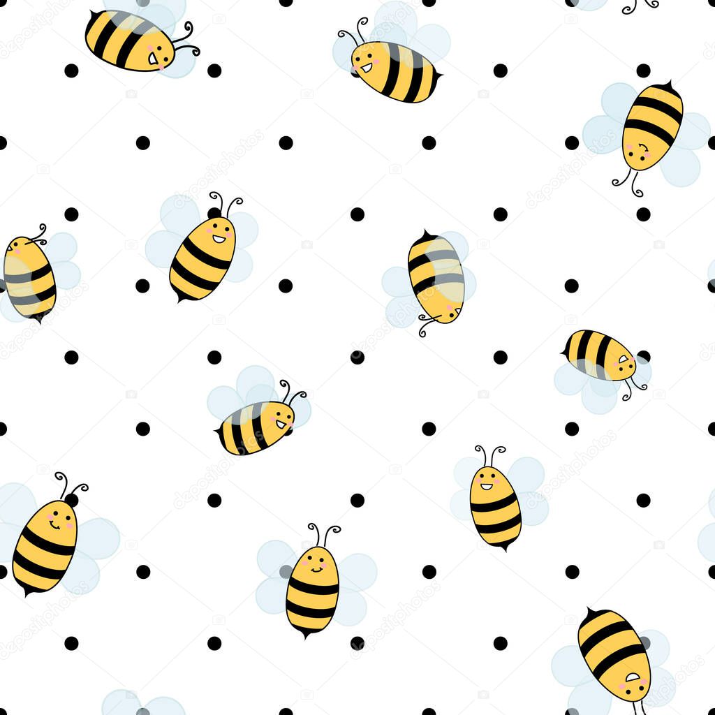Happy bees, cute flat design vector illustration over small black polka dot background, seamless pattern.