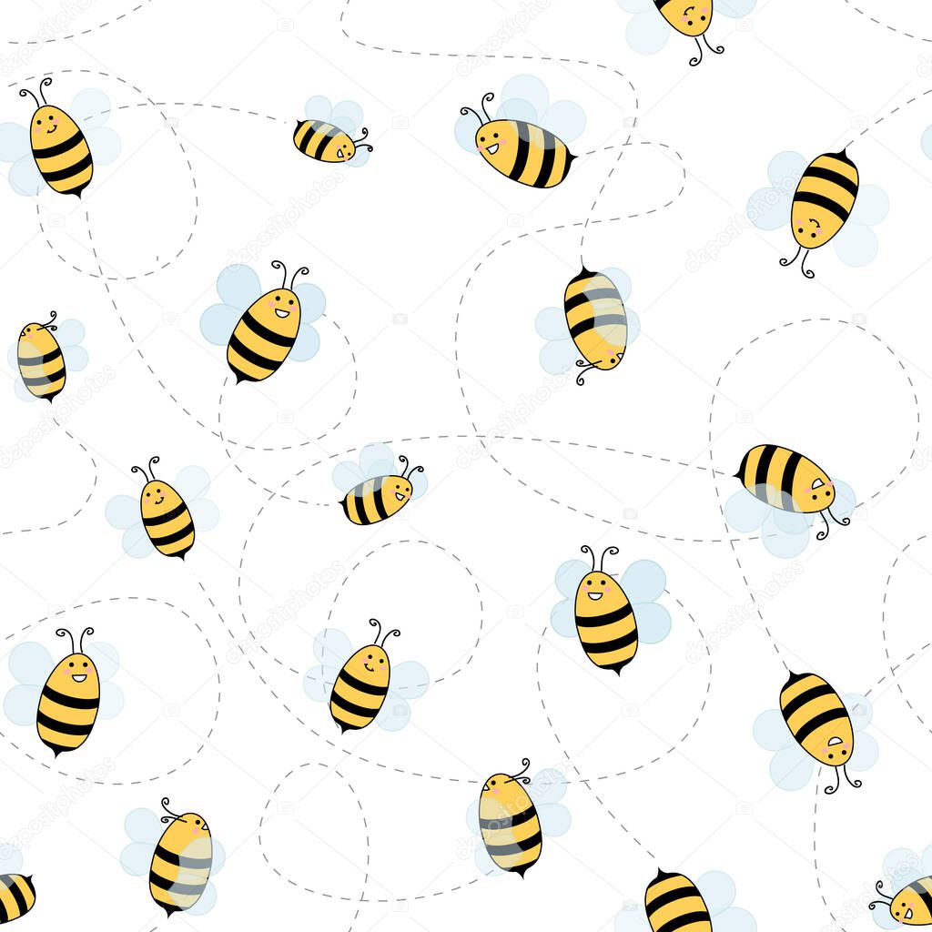 Flying bees yellow cute vector illustration seamless pattern