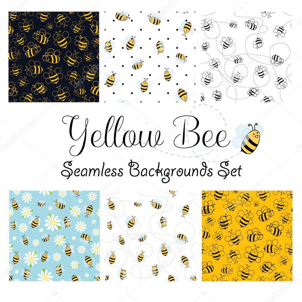 Happy flying bees, flat design cute vector illustration , seamless patterns set, bee collection, ouline, yellow, polka dot, daisies, black and white.
