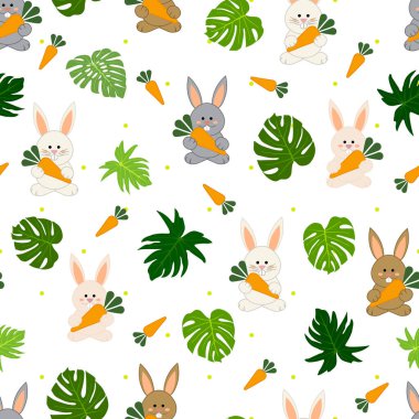 Tavşanlar ve Yeşil Yapraklar arkaplansız desen, vektör illüstrasyonu