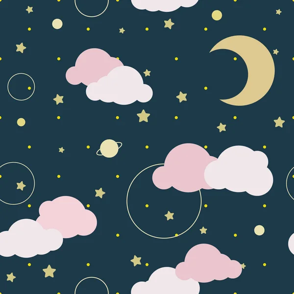 Niebieskie Gwiazdy Nocne Niebo Różowymi Chmurami Księżycem Wektor Bezszwowy Wzór Ilustracja Stockowa