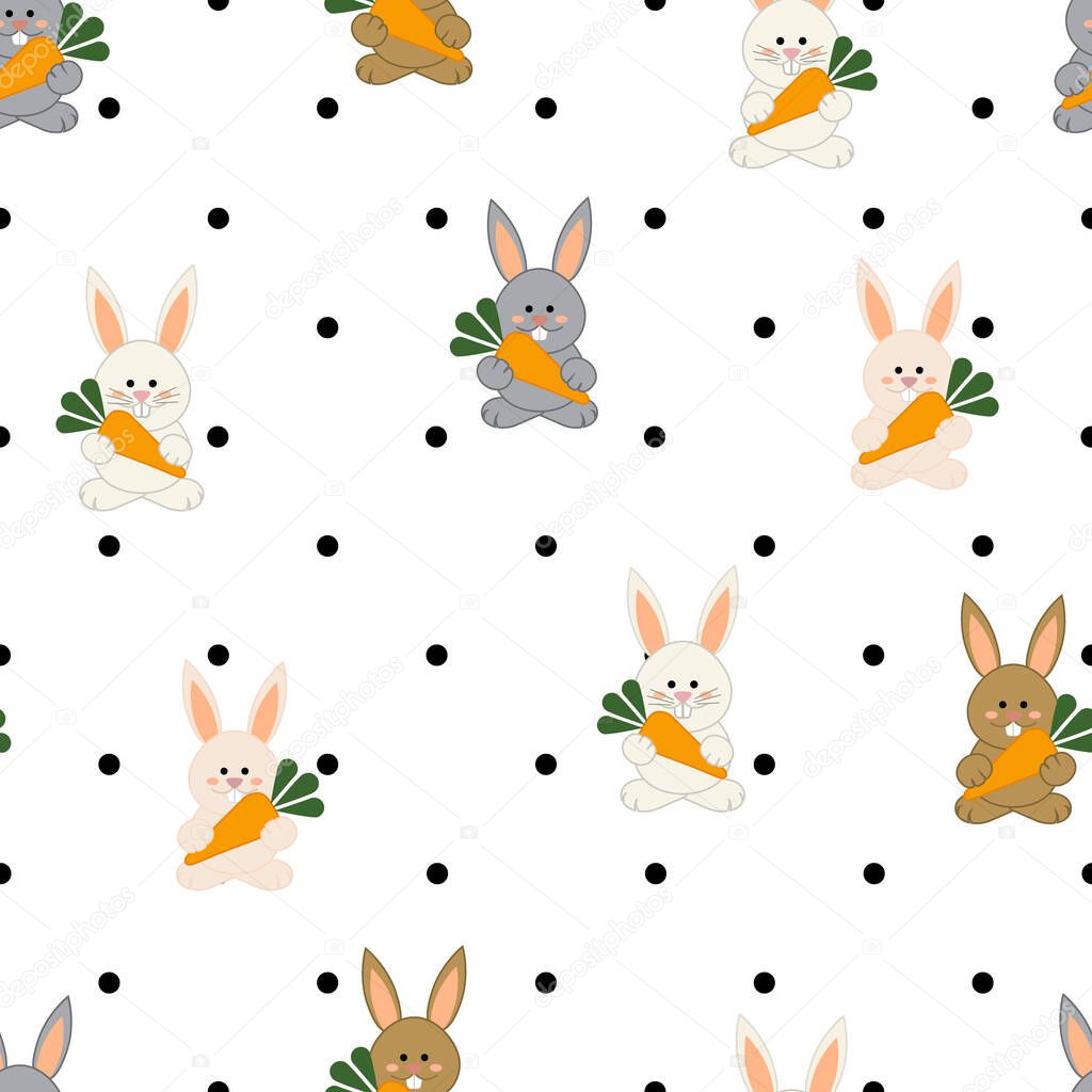 Bunny colors, white, gray and brown, with carrots and black polka dots background