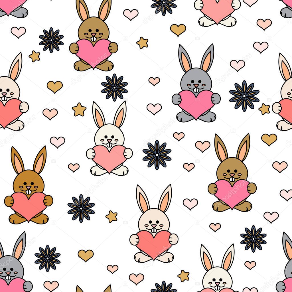 Bunny cartoon illustration, with outline contrast, white, gray and brown, with pink hearts, stars and flowers background.