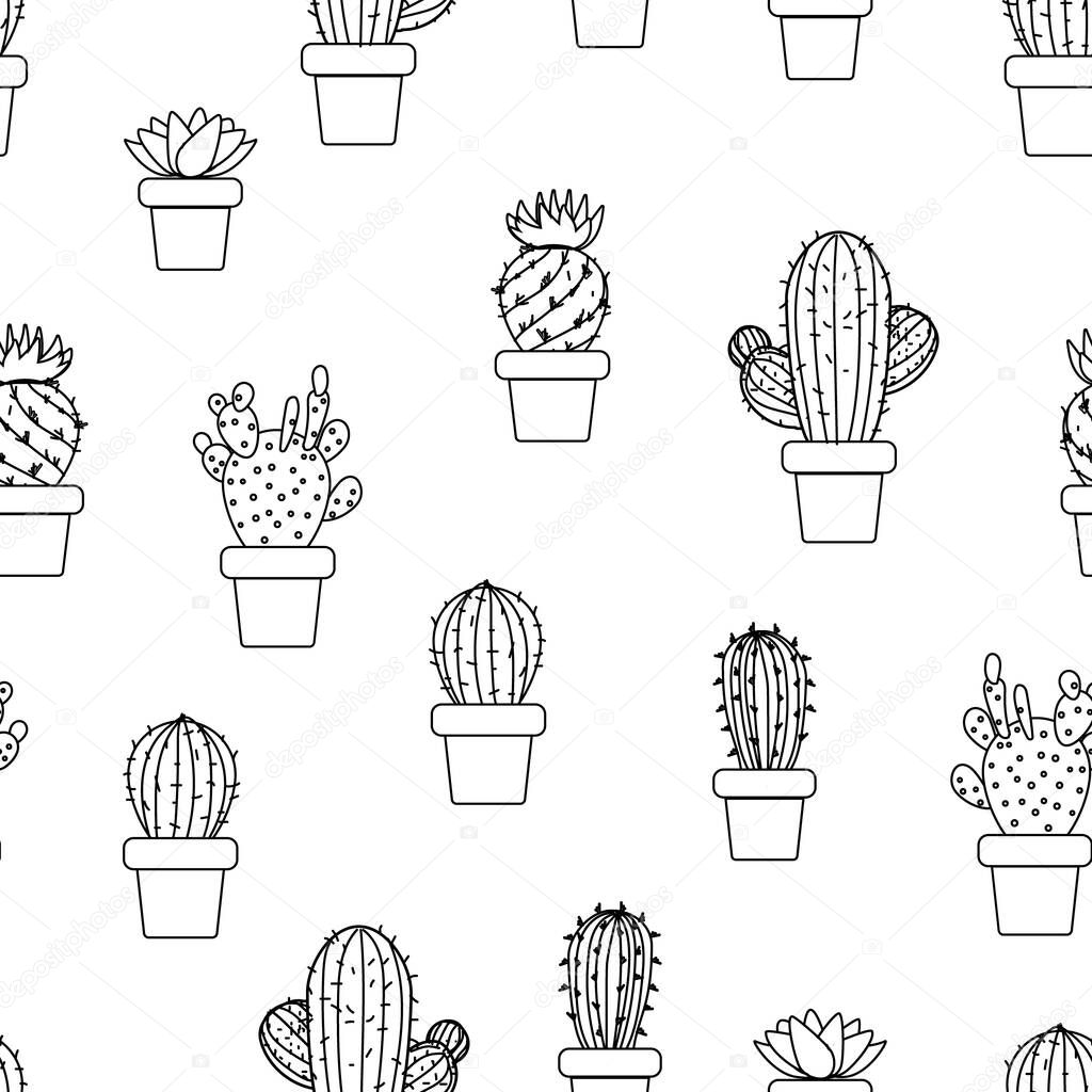 Cacti in pots black outline, vector illustration