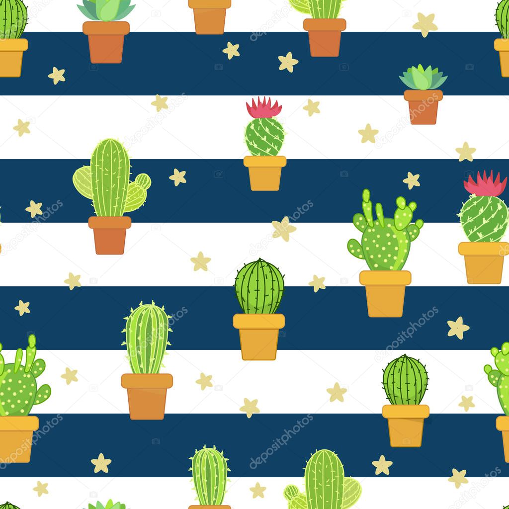Cacti on flat blue stripes wit stars, vector illustration