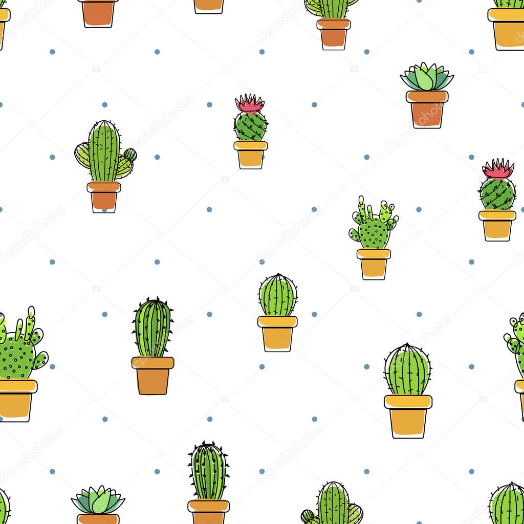 Cacti in pots with blue polka, vector illustration