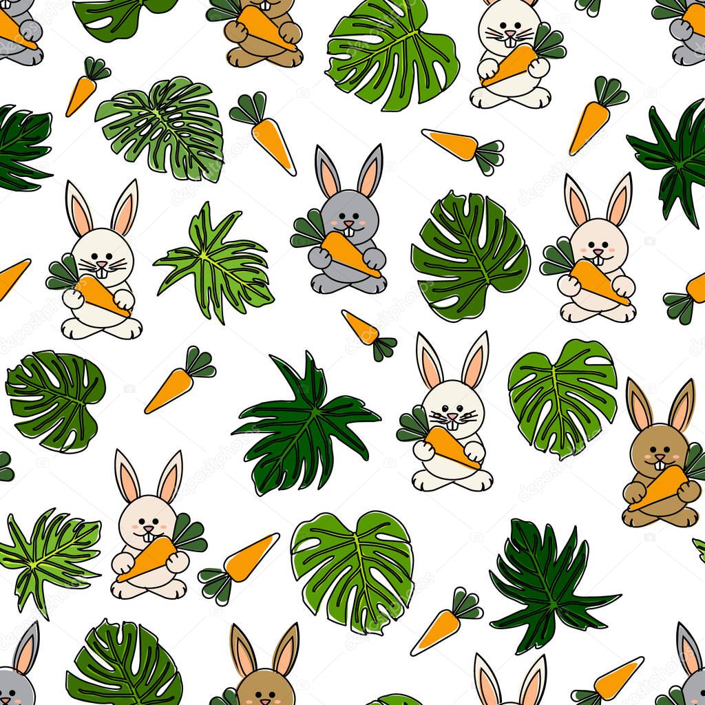 bunnies and Green Leaves background seamless pattern, vector illustration