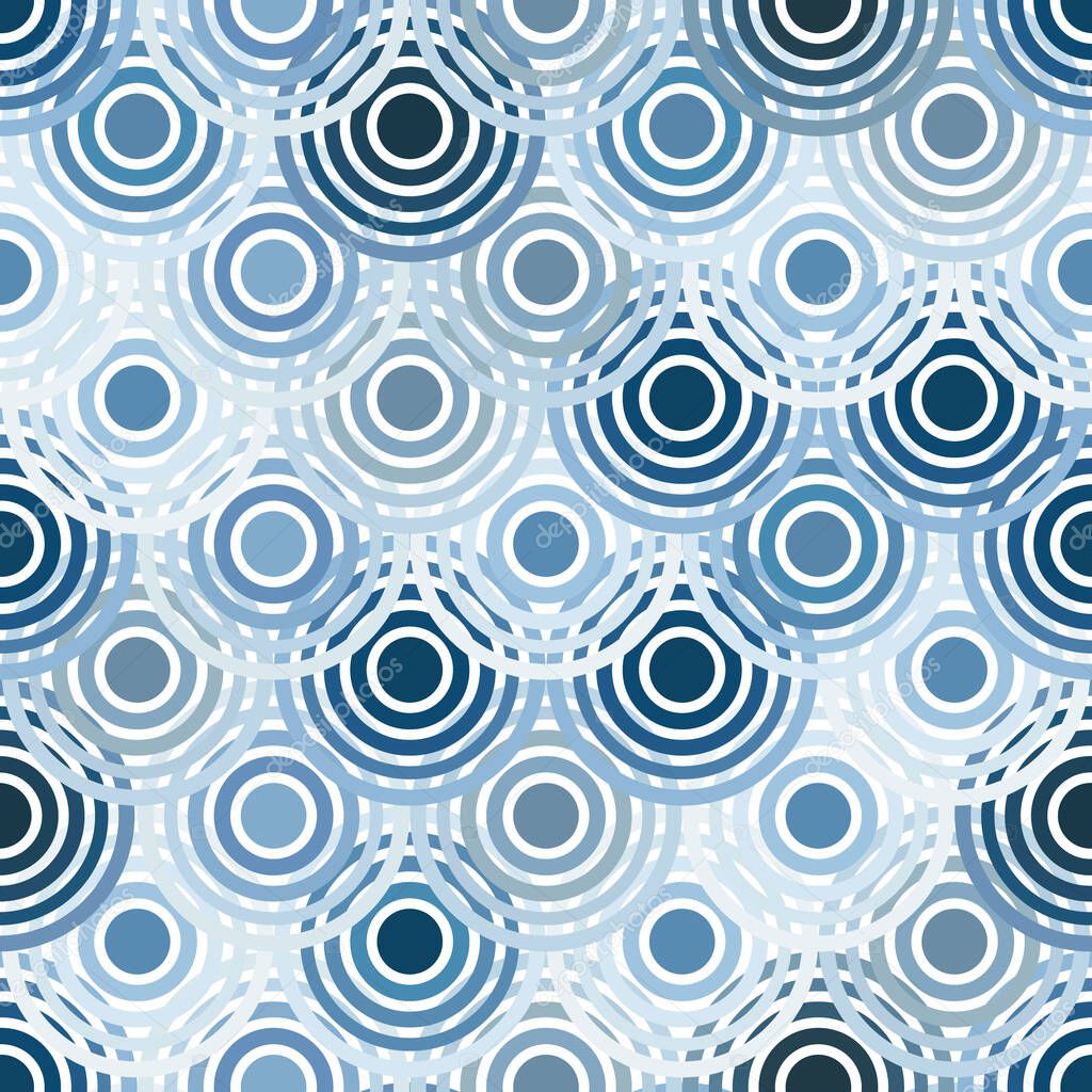 Blue geometrical circles overlapping blue seamless pattern.