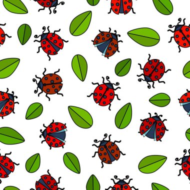 Uğurböcekleri çizgi filmi kusursuz desen, vektör illüstrasyonu