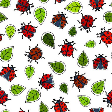 Uğurböcekleri çizgi filmi kusursuz desen, vektör illüstrasyonu