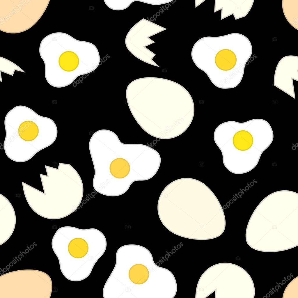 Eggs, pink and white, full open and egg shells with dark background, seamless pattern