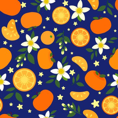 Tangerine illustration with flowers and leaves saturated, blue background colorful seamless pattern clipart