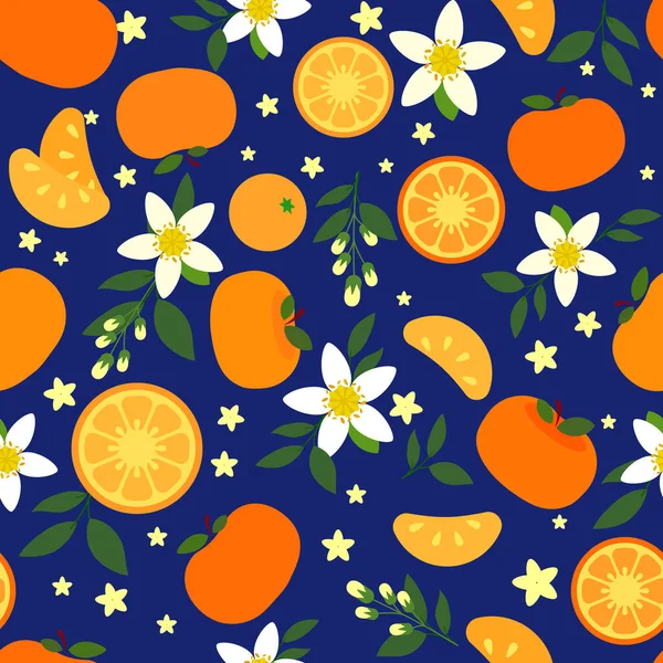 Tangerine Illustration Flowers Leaves Saturated Blue Background Colorful Seamless Pattern — Stock Vector