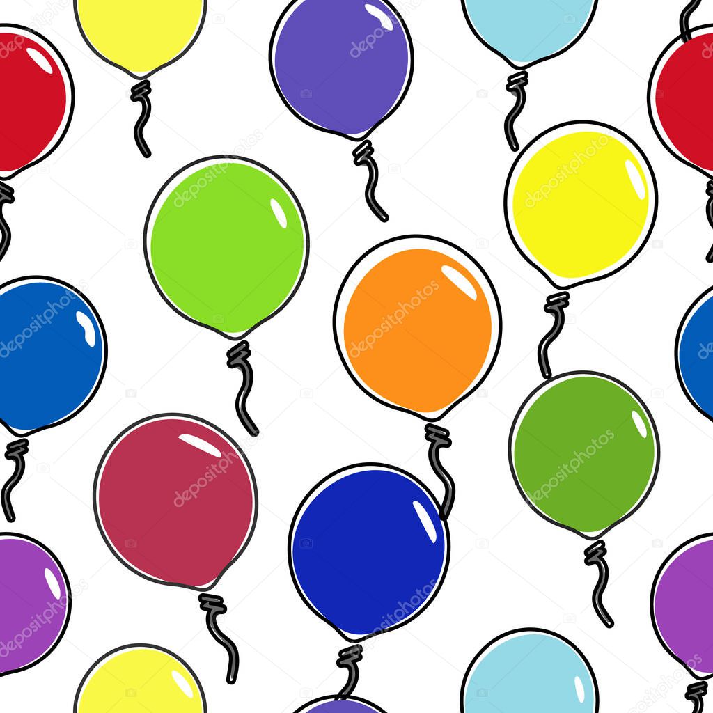 Balloons colorful cartoon illustration, with black outline, seamless pattern