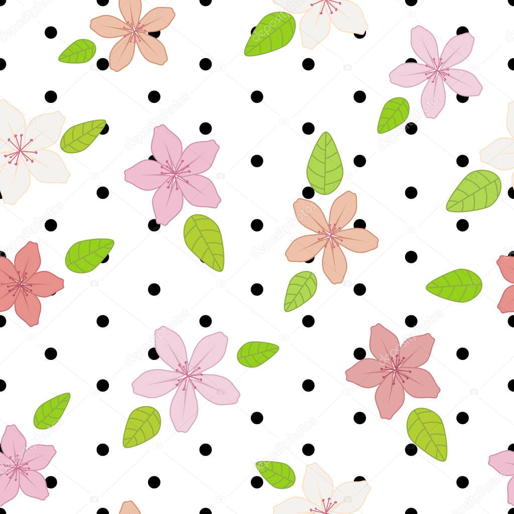 Flat symmetric lilies illustration, black polka dots background seamless pattern