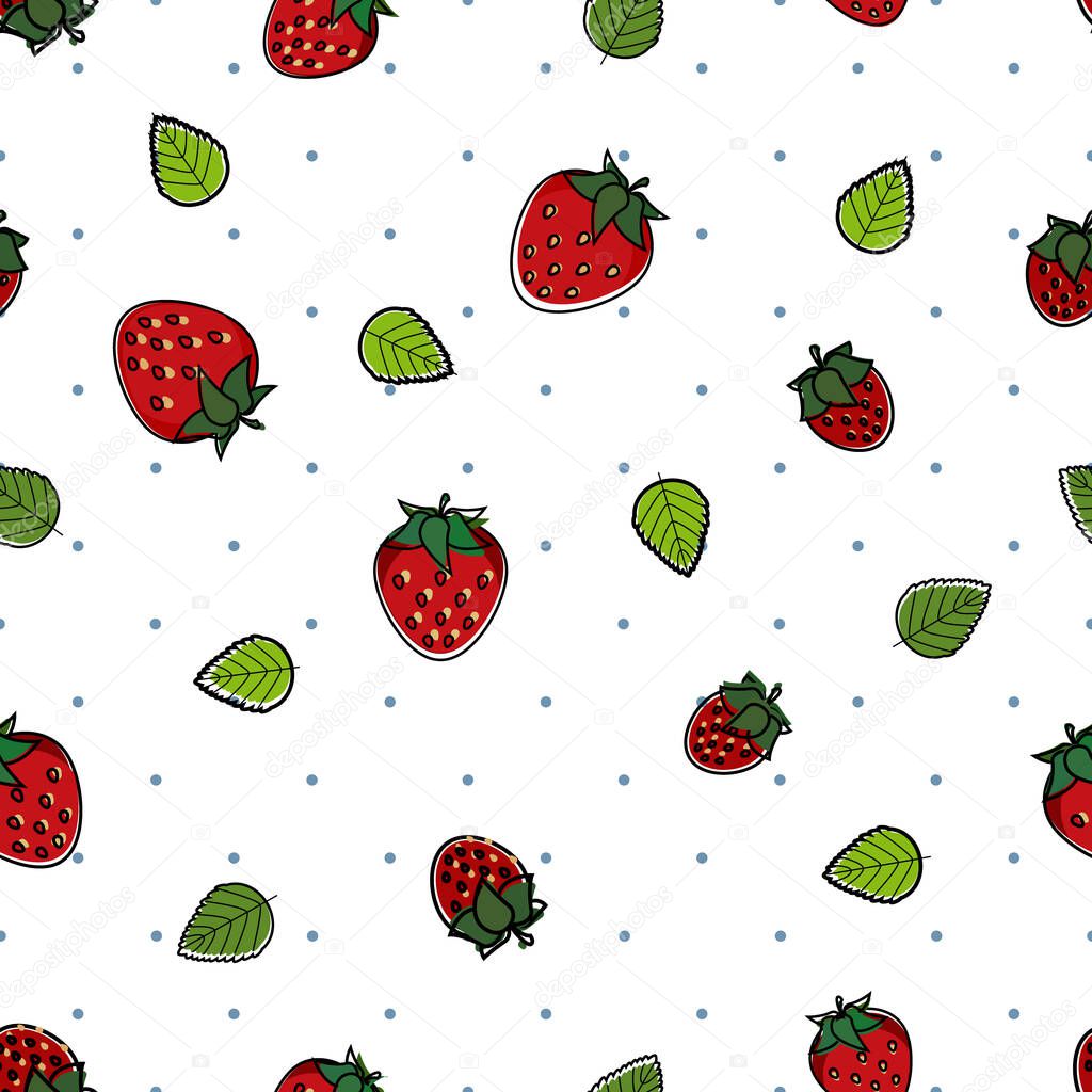 small strawberry and leaves, cartoon illustration red and green, unfit colored, and small blue dots background seamless pattern
