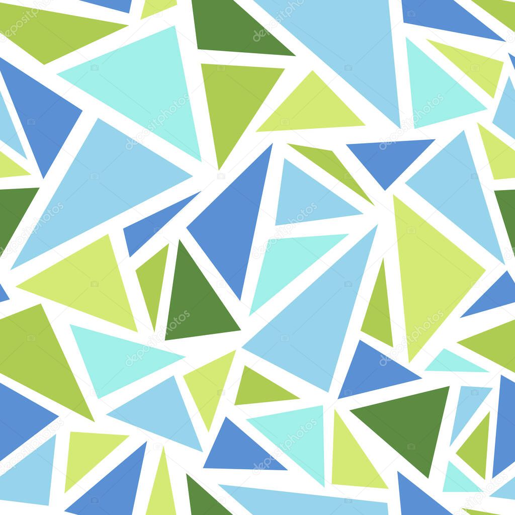 Triangles flat illustration, blue and green, abstract seamless pattern