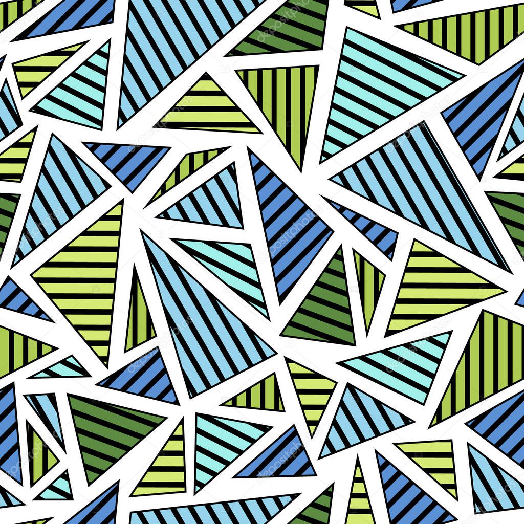 Triangles stripes illustration, sky blue and green, abstract seamless pattern