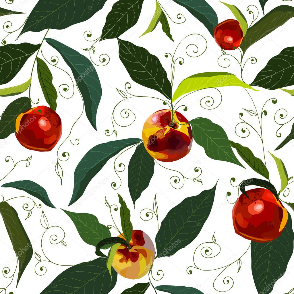Nectarines red, with black outlines cartoon vector illustration seamless pattern 